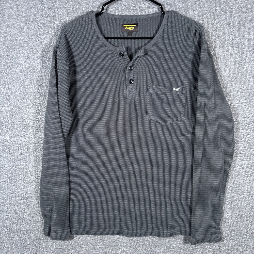 Seager Henley Shirt Mens Large Gray Waffle Knit Long Sleeve Pocket Thermal